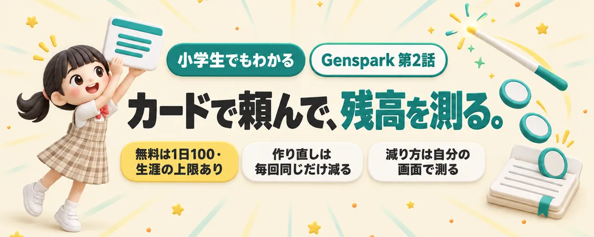 Genspark 第2話 Gensparkへの頼み方ガイド!最初の1回の書き方と、クレジットの減り方を測る記録表