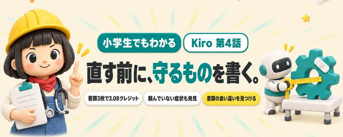 Kiro 第4話 Kiroのバグ修正!「なおして」の前に書く書類と、触らない範囲の決め方