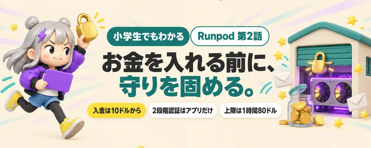 Runpod 第2話 Runpod登録の備え!2段階認証と入金はどうする?残高0でデータが消える事故は防げる?