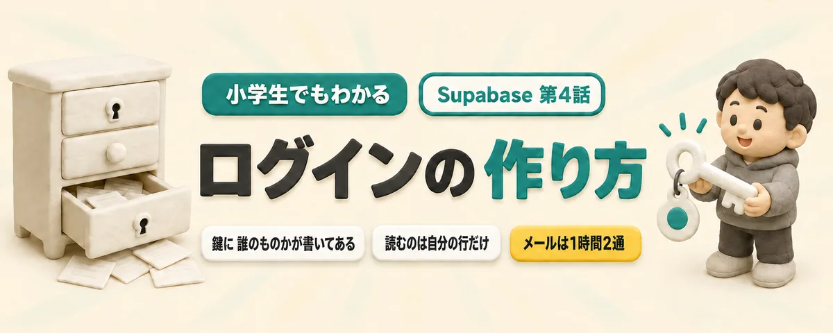 Supabase 第4話 "ログイン"の作り方！鍵に"誰のものか"が書いてある。読むのは自分の行だけ