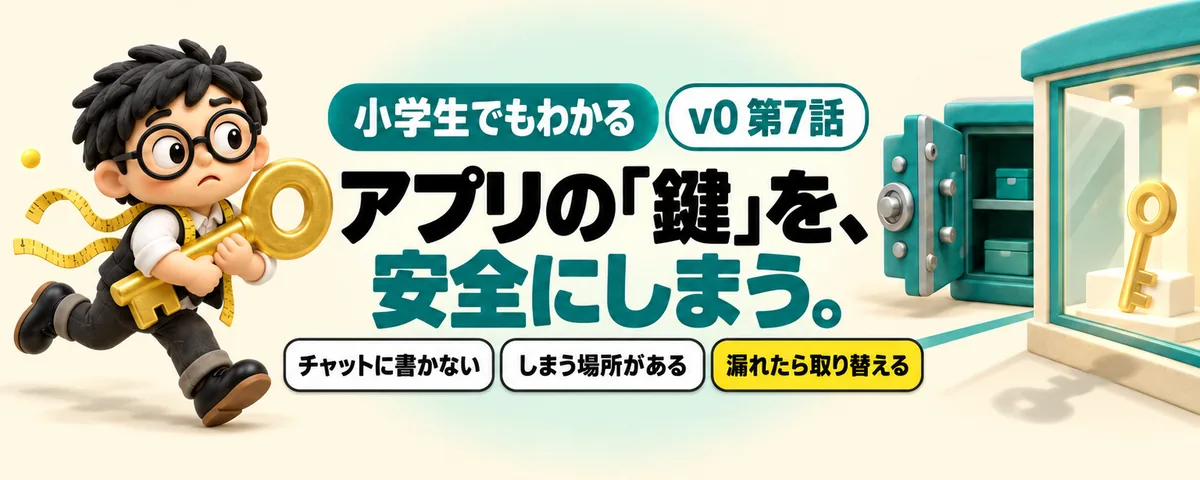 v0 第7話 v0で「鍵」を安全に置く方法!チャットに貼ってはいけない理由と、ログインの考え方